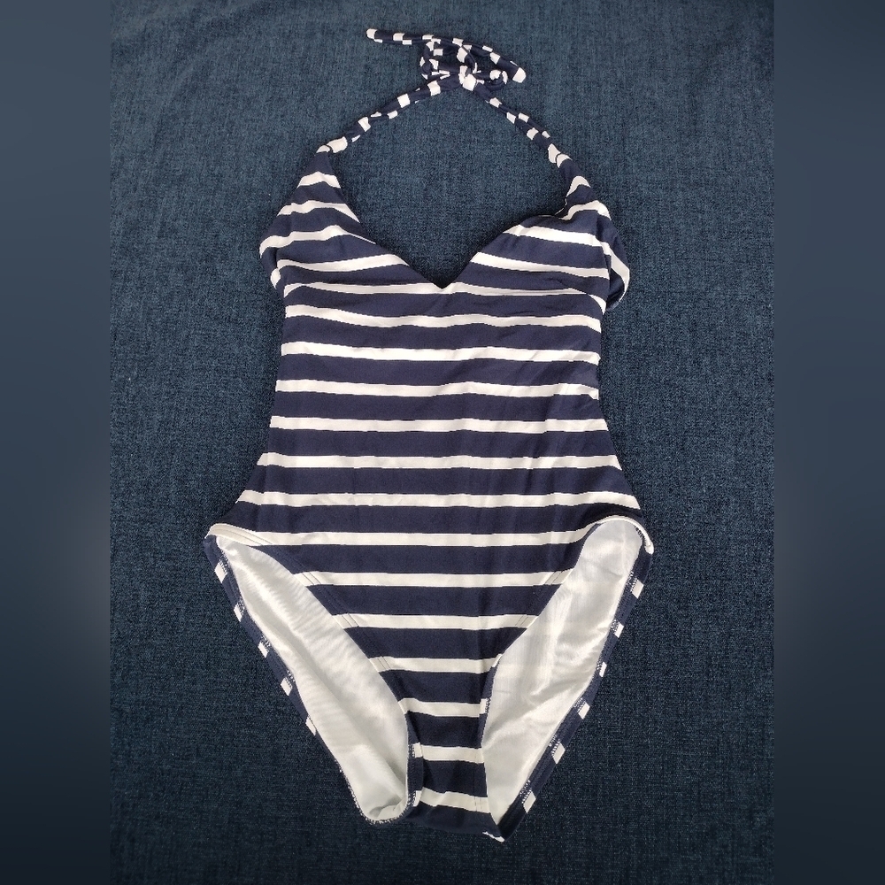 NWT LOFT Beach Striped Plunge One Piece Swimsuit Navy White Stripe XS